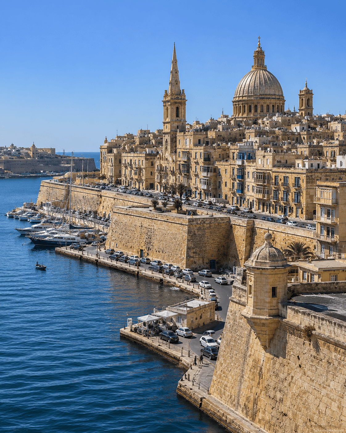 The Grand Harbour and fortifications of Valletta, Malta, at golden hour